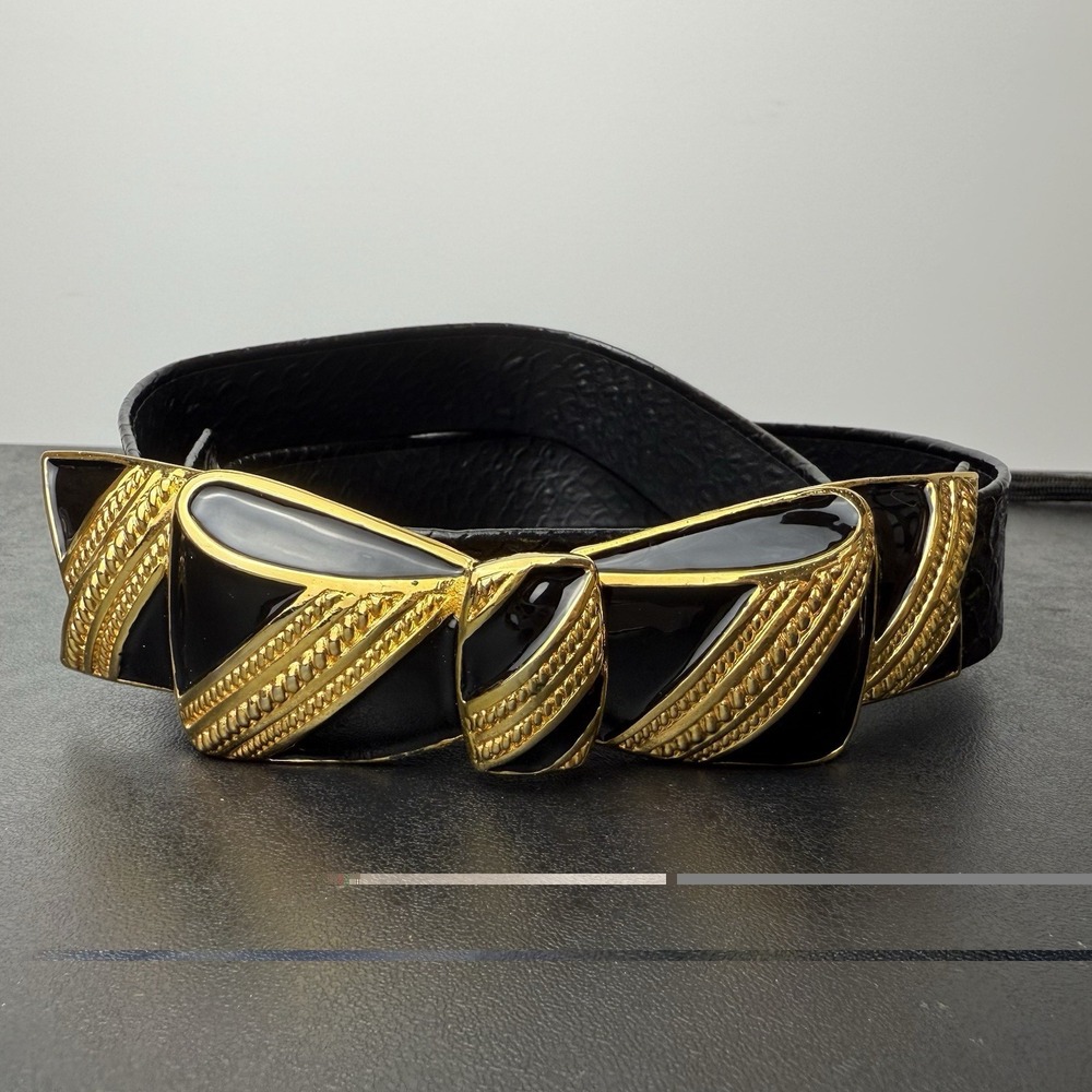 VTG SMALL Genuine Snakeskin Belt Gold Bow-Shaped Buckle Black Holiday EXCELLENT
